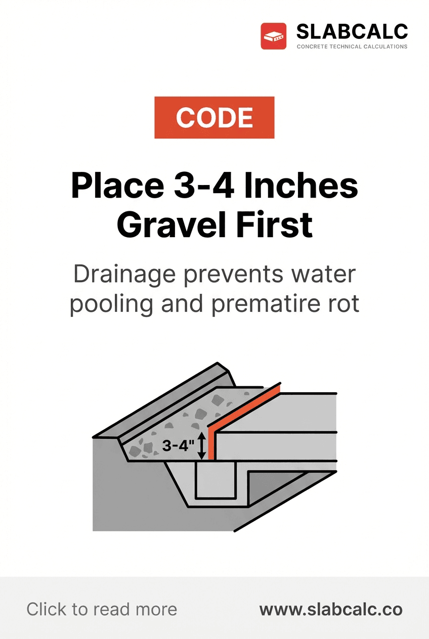 Cross-section diagram showing 3-4 inch gravel base layer beneath concrete fence post hole