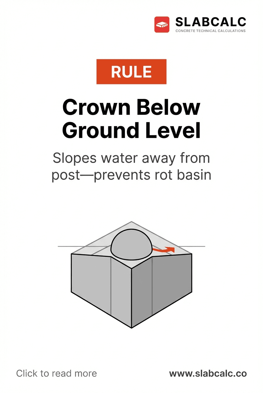 Cross-section diagram showing crowned concrete post below ground level with water drainage arrows
