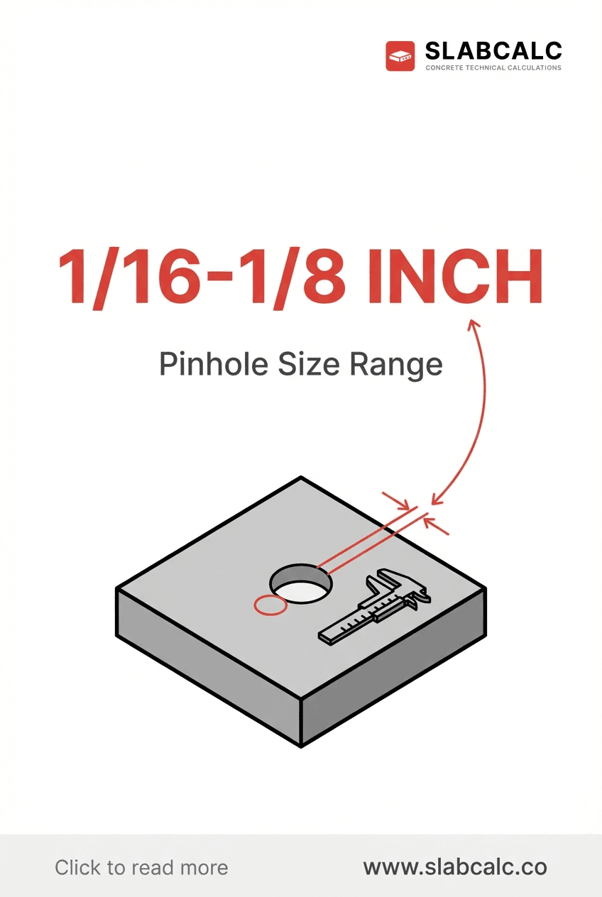 Closeup of concrete surface showing scattered pinholes ranging from 1/16 to 1/8 inch diameter