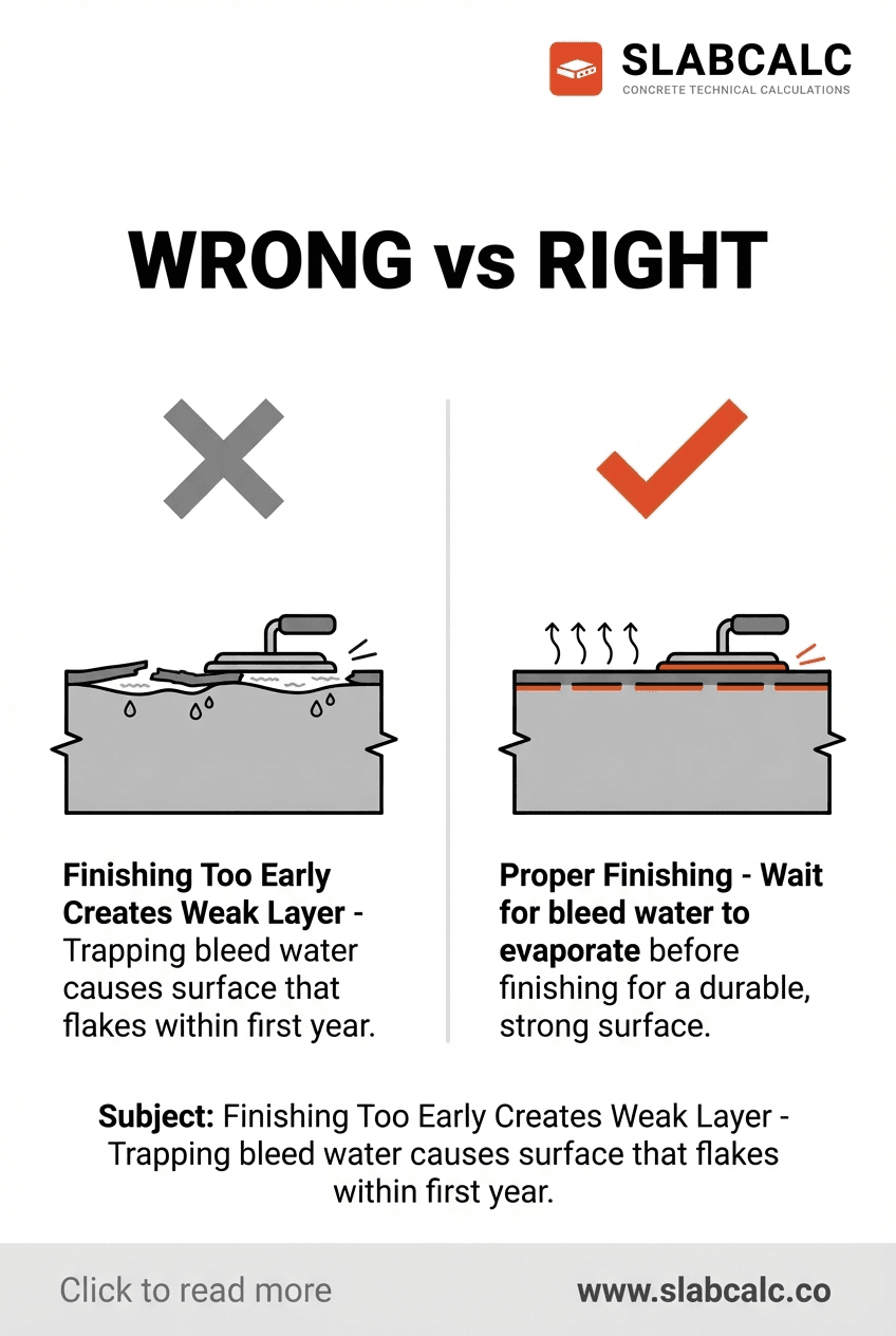 Concrete surface showing flaking and peeling damage from premature finishing and trapped bleed water