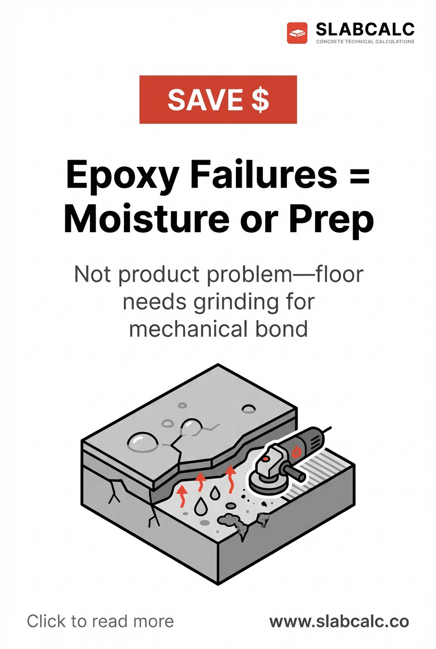 Failed epoxy coating peeling from concrete floor due to moisture and improper surface preparation