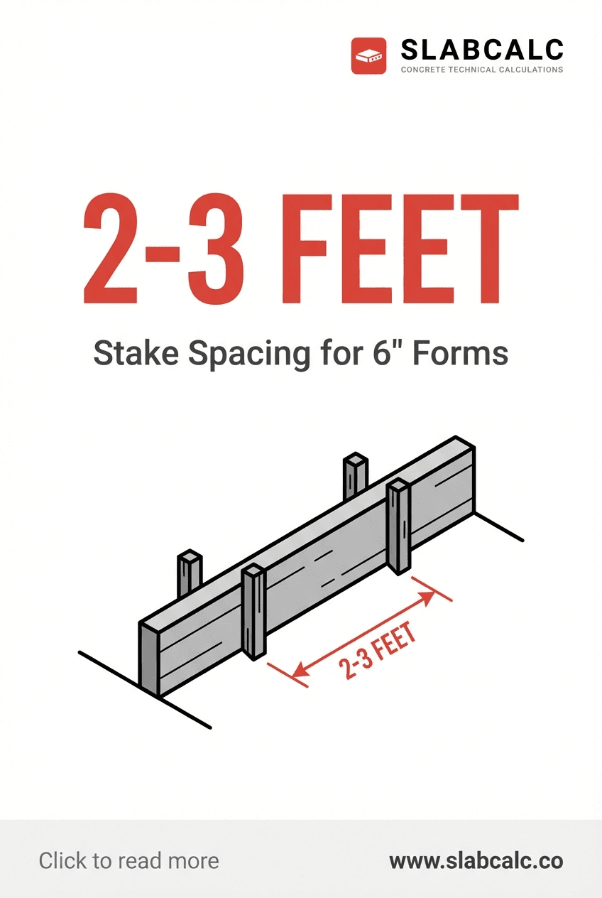 Concrete form stakes spaced 2-3 feet apart for 6-inch forms, showing proper depth and diagonal bracing configuration