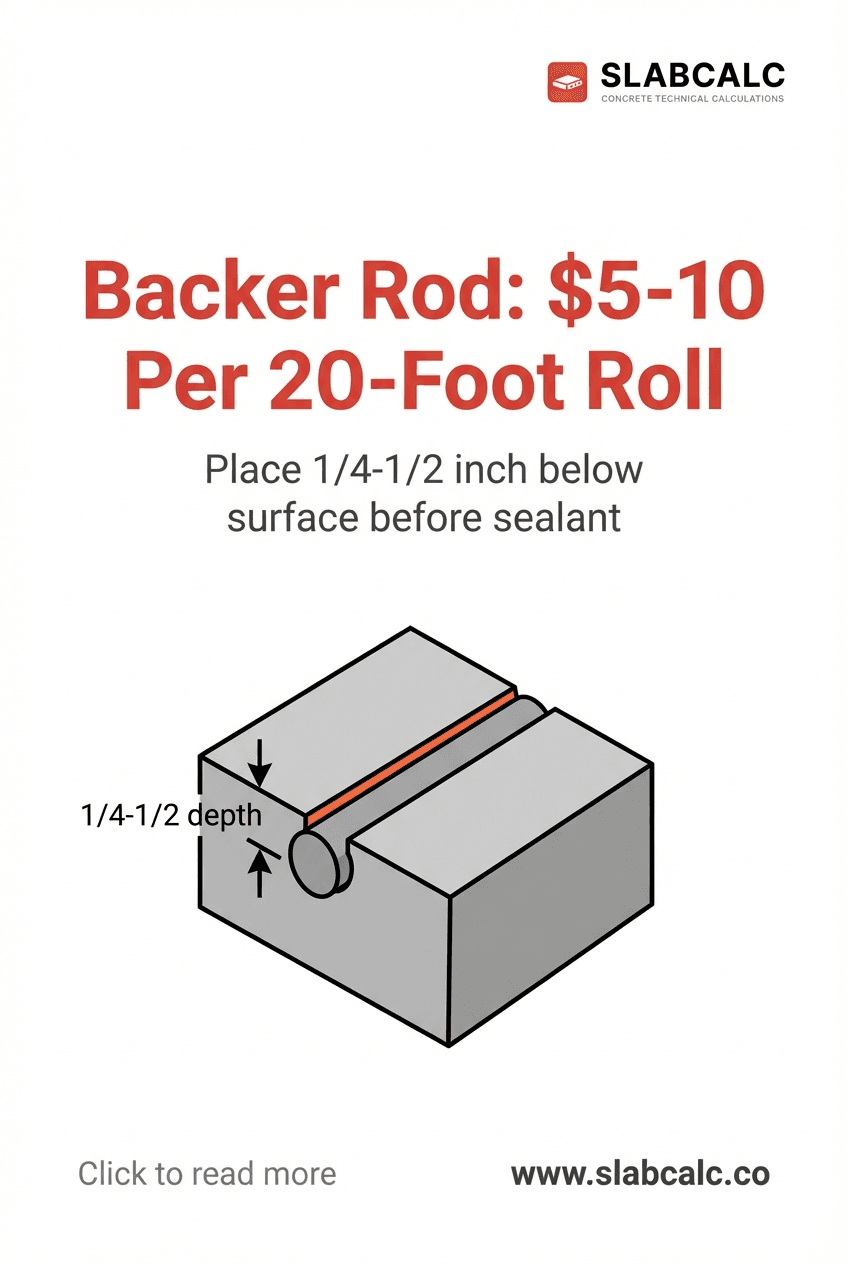 Cross-section diagram showing backer rod positioned 1/4 to 1/2 inch below concrete surface in expansion joint