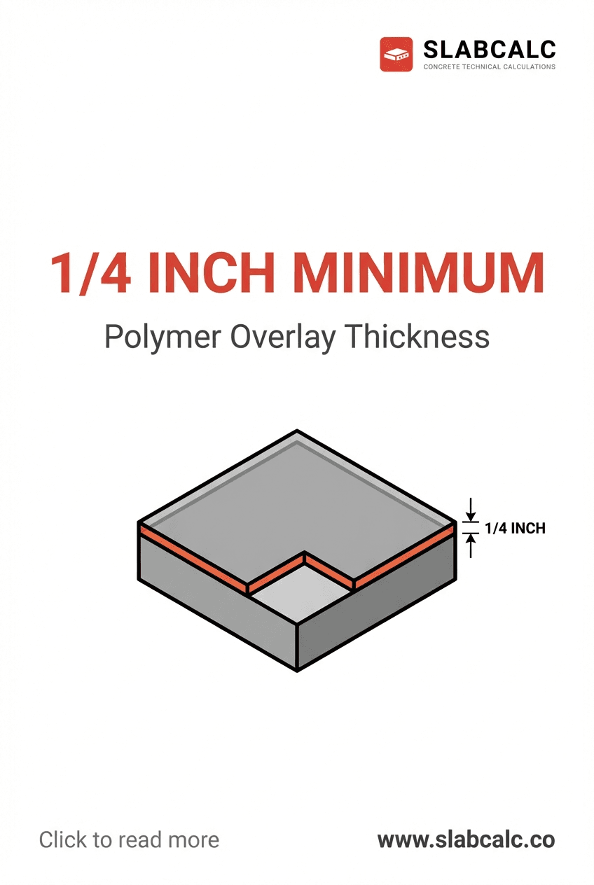 Cross-section diagram showing 1/4 inch polymer overlay thickness on concrete slab base