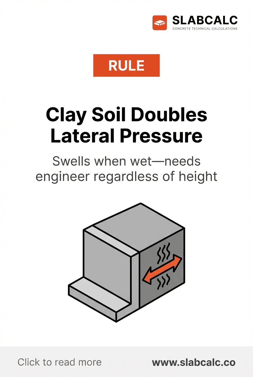 Cross-section diagram showing clay soil expansion and increased lateral pressure on a retaining wall foundation