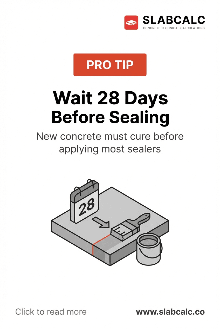 Timeline showing concrete curing stages from day 1 to day 28 with sealing applied after full cure