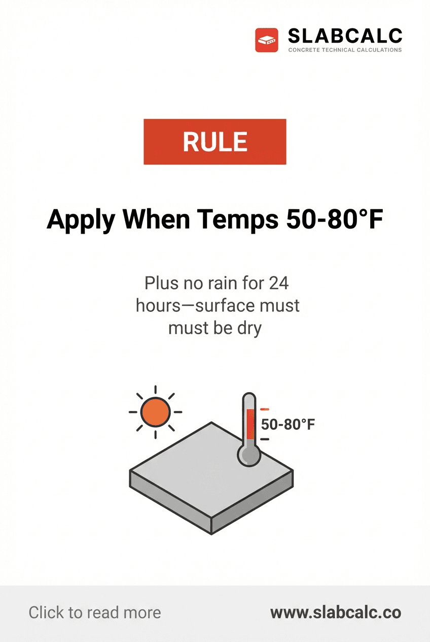 Thermometer showing ideal 50-80°F temperature range for concrete sealer application with dry surface conditions