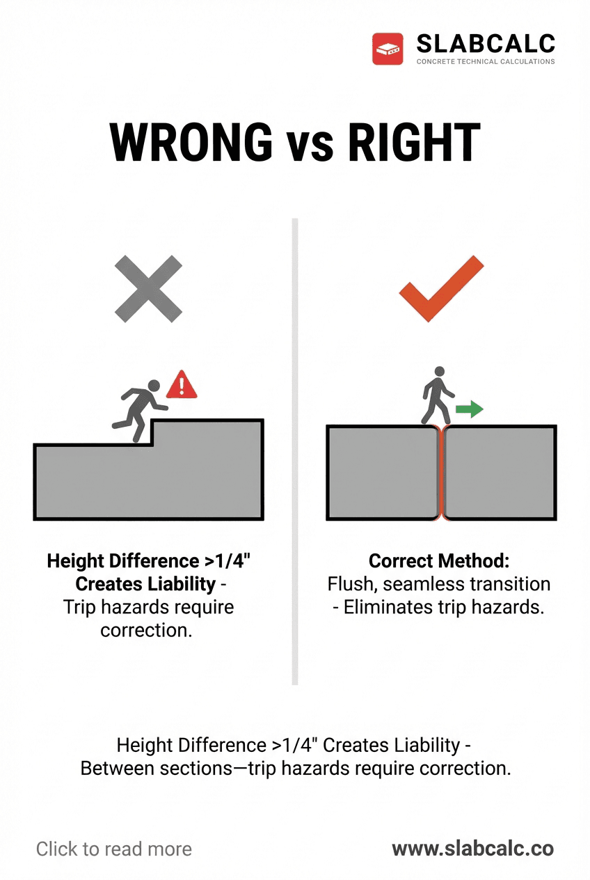Side profile showing 1/4 inch height difference between two concrete slabs creating a trip hazard