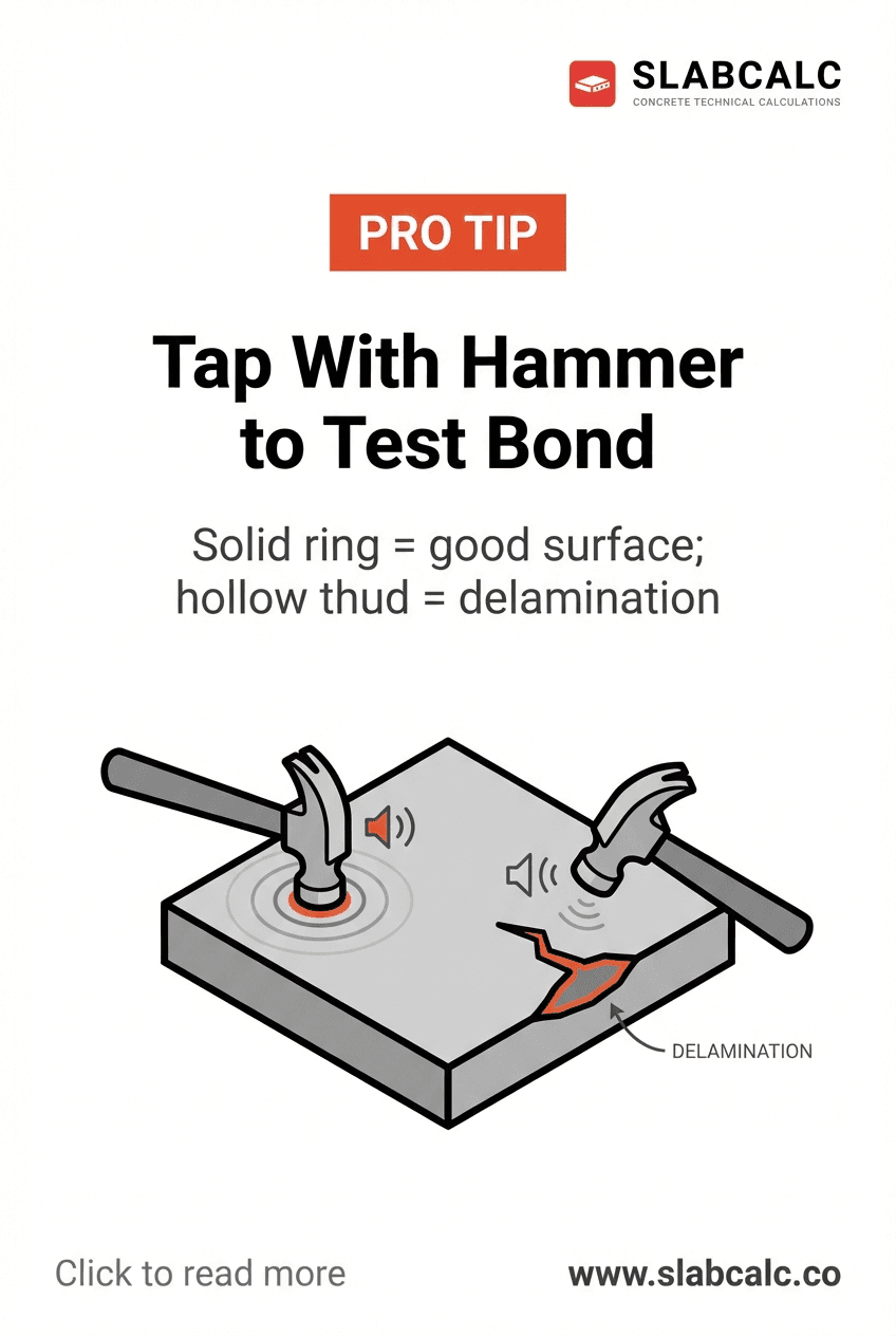 Close-up of hammer tapping concrete surface to test bond integrity and detect delamination