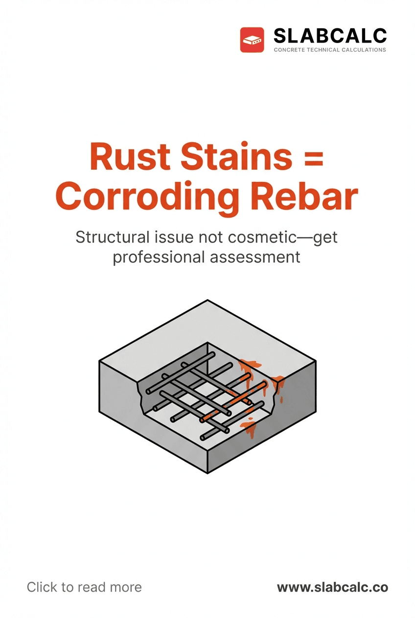 Close-up of rust stains and spalling concrete exposing corroded rebar underneath