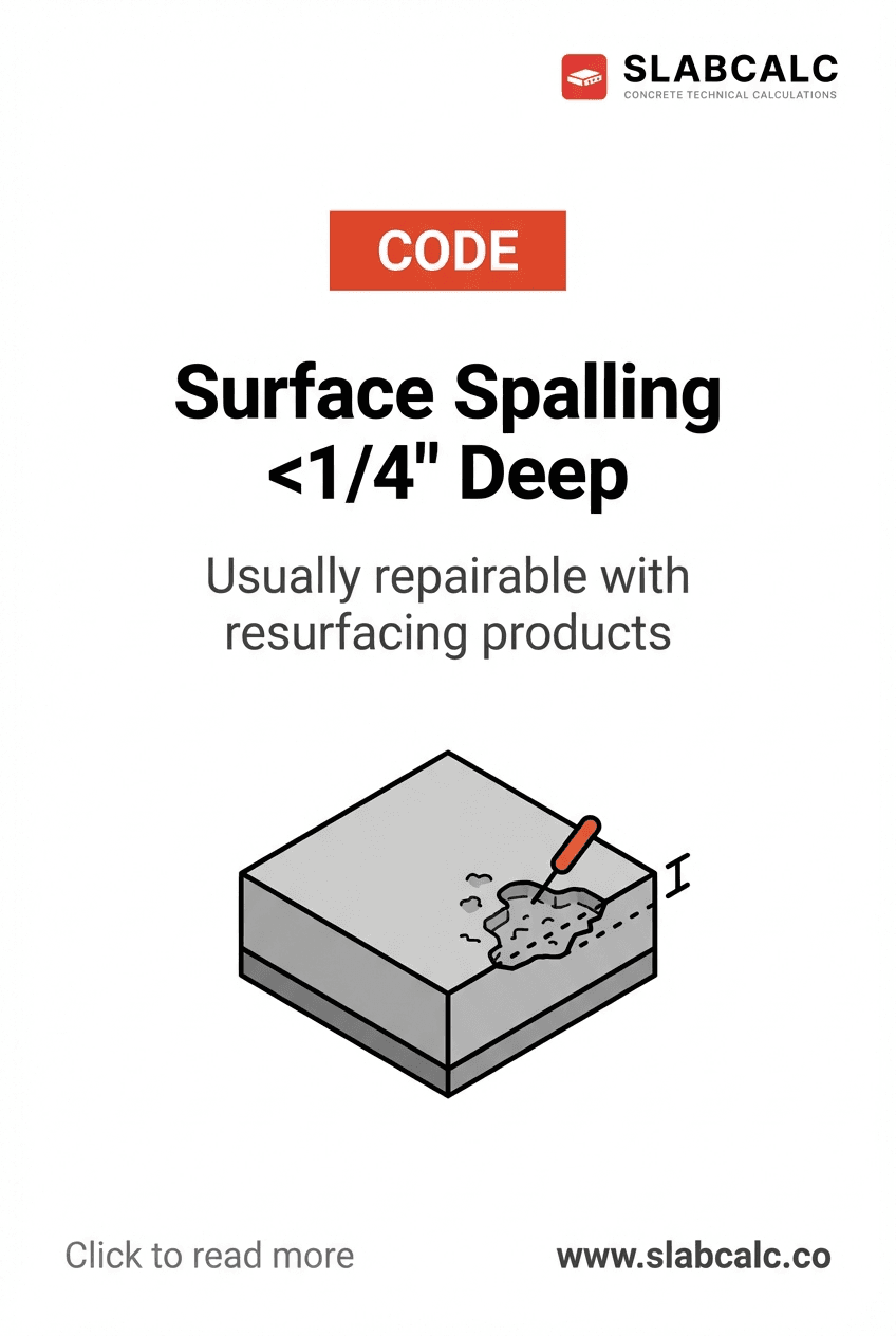 Close-up of shallow concrete surface spalling showing top layer deterioration less than 1/4 inch deep