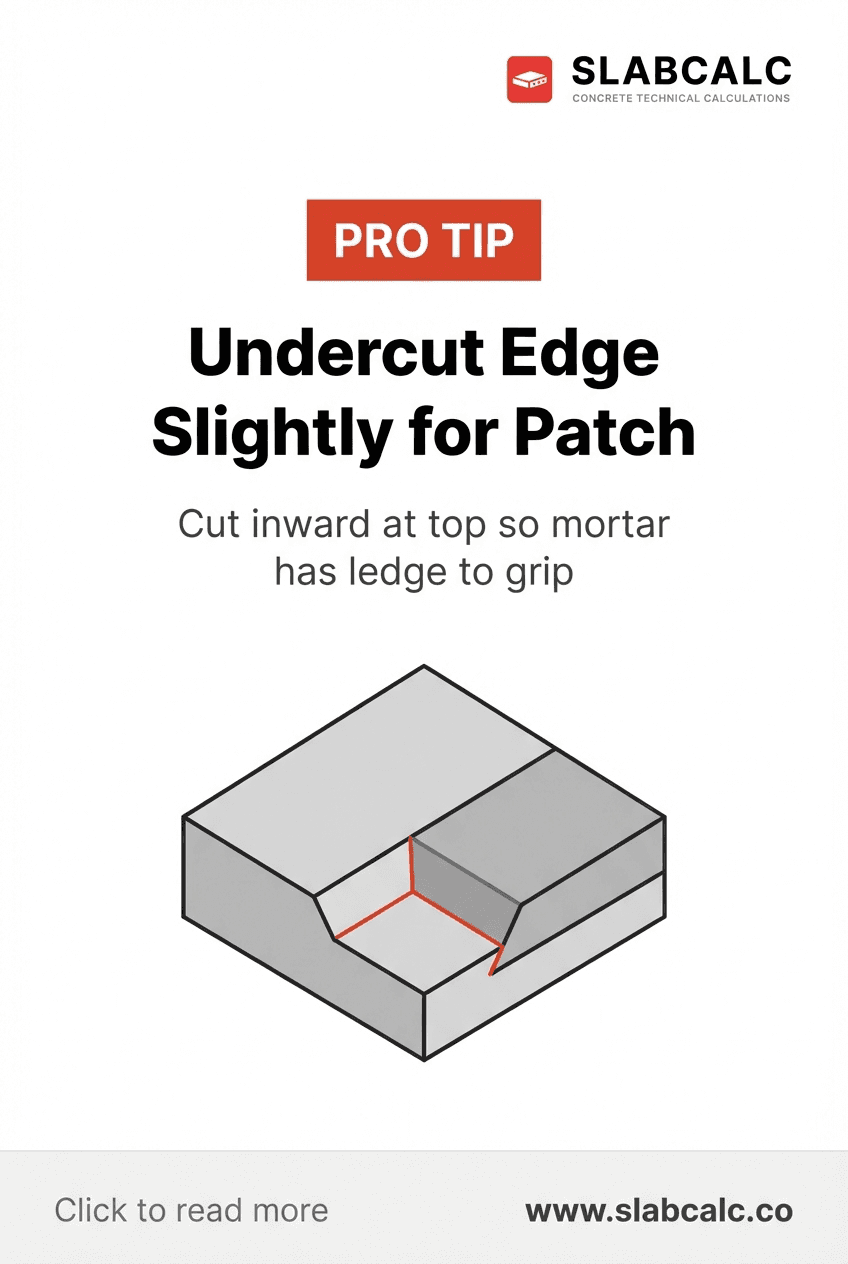 Cross-section diagram showing undercutting technique with mortar ledge grip on concrete edge