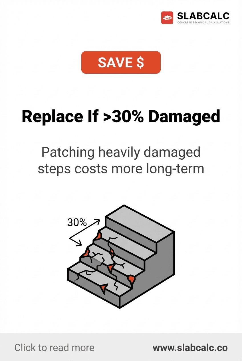 Damaged concrete steps showing structural failure and surface deterioration patterns