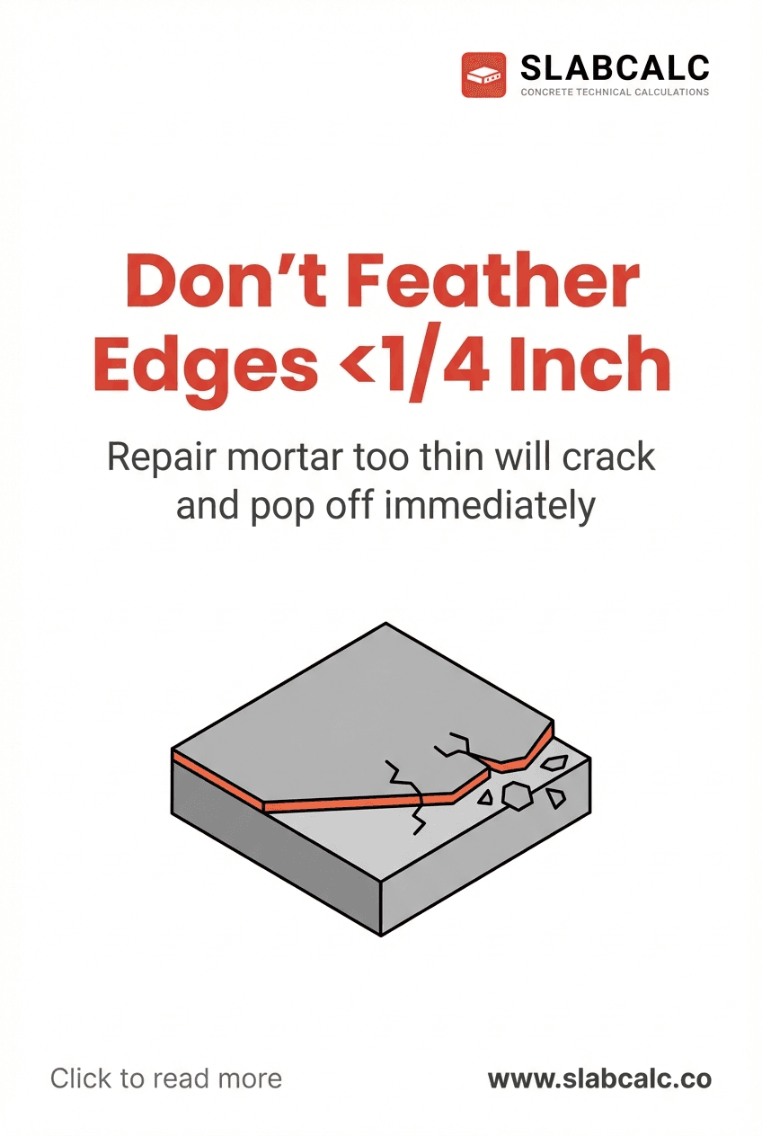 Cross-section showing proper 1/4 inch minimum mortar thickness versus failed thin feathered edge