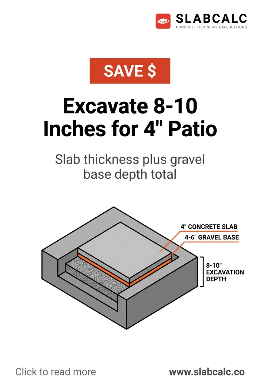 Cross-section diagram showing 4-inch concrete slab with 4-6 inch gravel base totaling 8-10 inches excavation depth