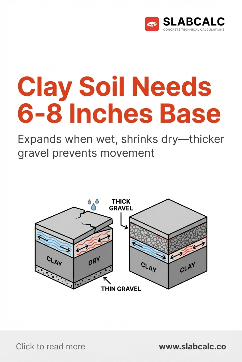 Cross-section diagram showing 6-8 inches of compacted gravel base over clay soil with concrete slab on top