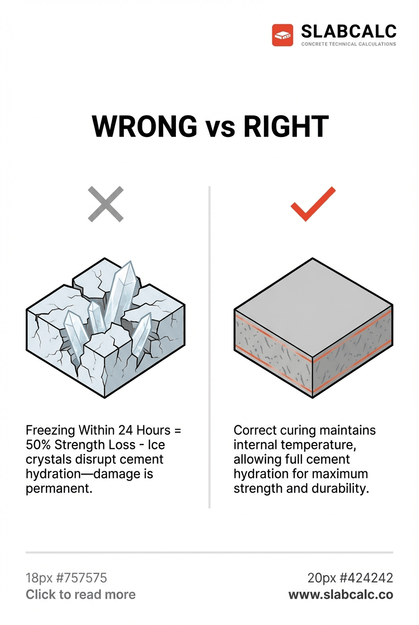 Comparison chart showing concrete strength loss when frozen within 24 hours of pouring