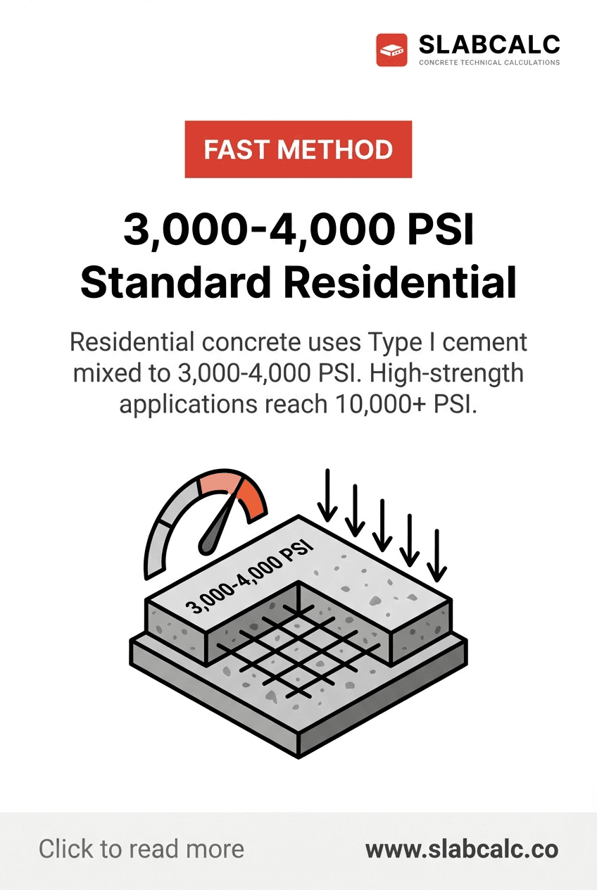 Concrete strength comparison chart showing 3,000-4,000 PSI for residential applications
