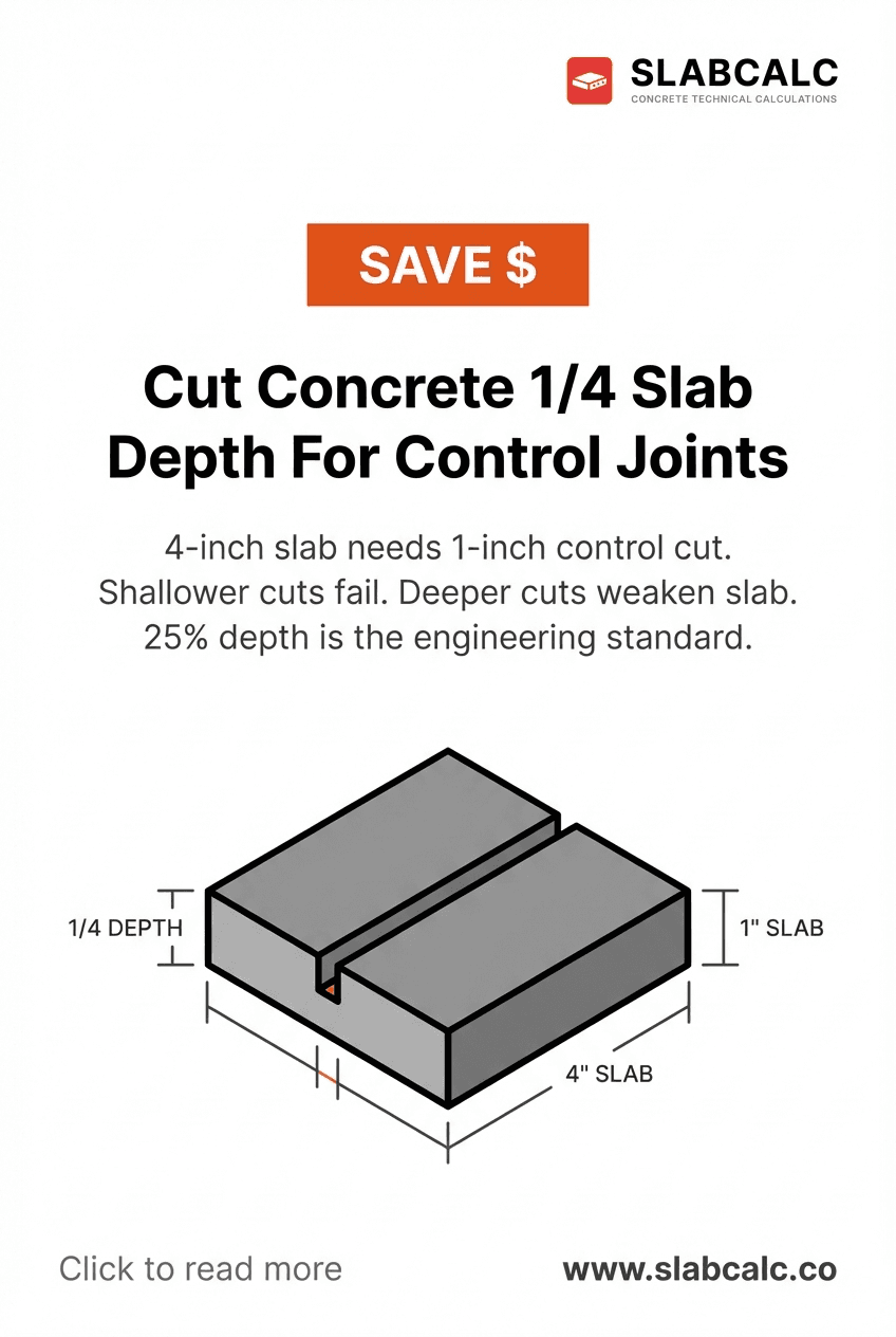 Close-up of concrete saw cutting control joint at proper depth with depth guide visible