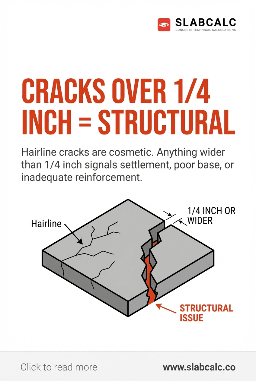 Close-up comparison of hairline crack versus 1/4 inch structural crack in concrete slab