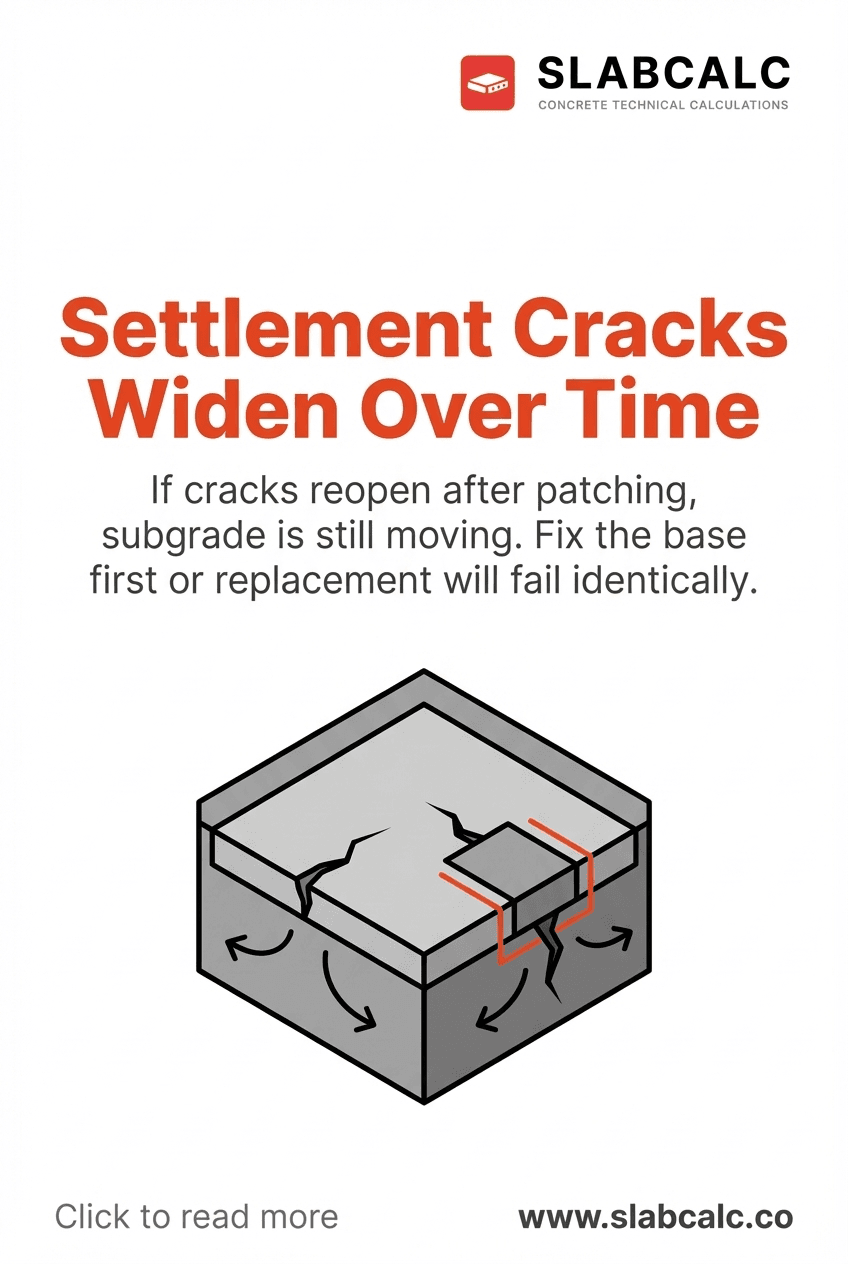 Cross-section diagram showing concrete slab settling unevenly over unstable subgrade, with widening cracks and displaced edges