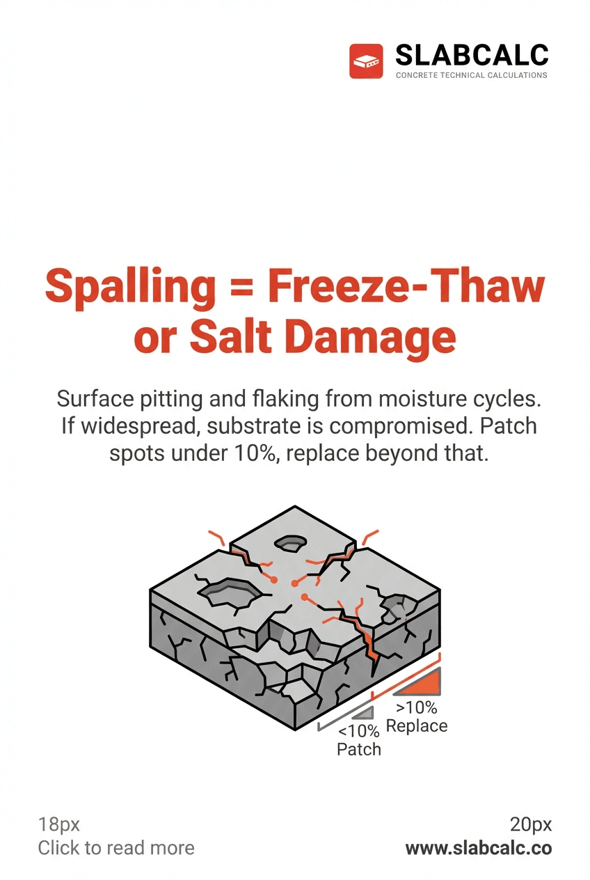Close-up of concrete surface showing spalling and flaking from freeze-thaw damage