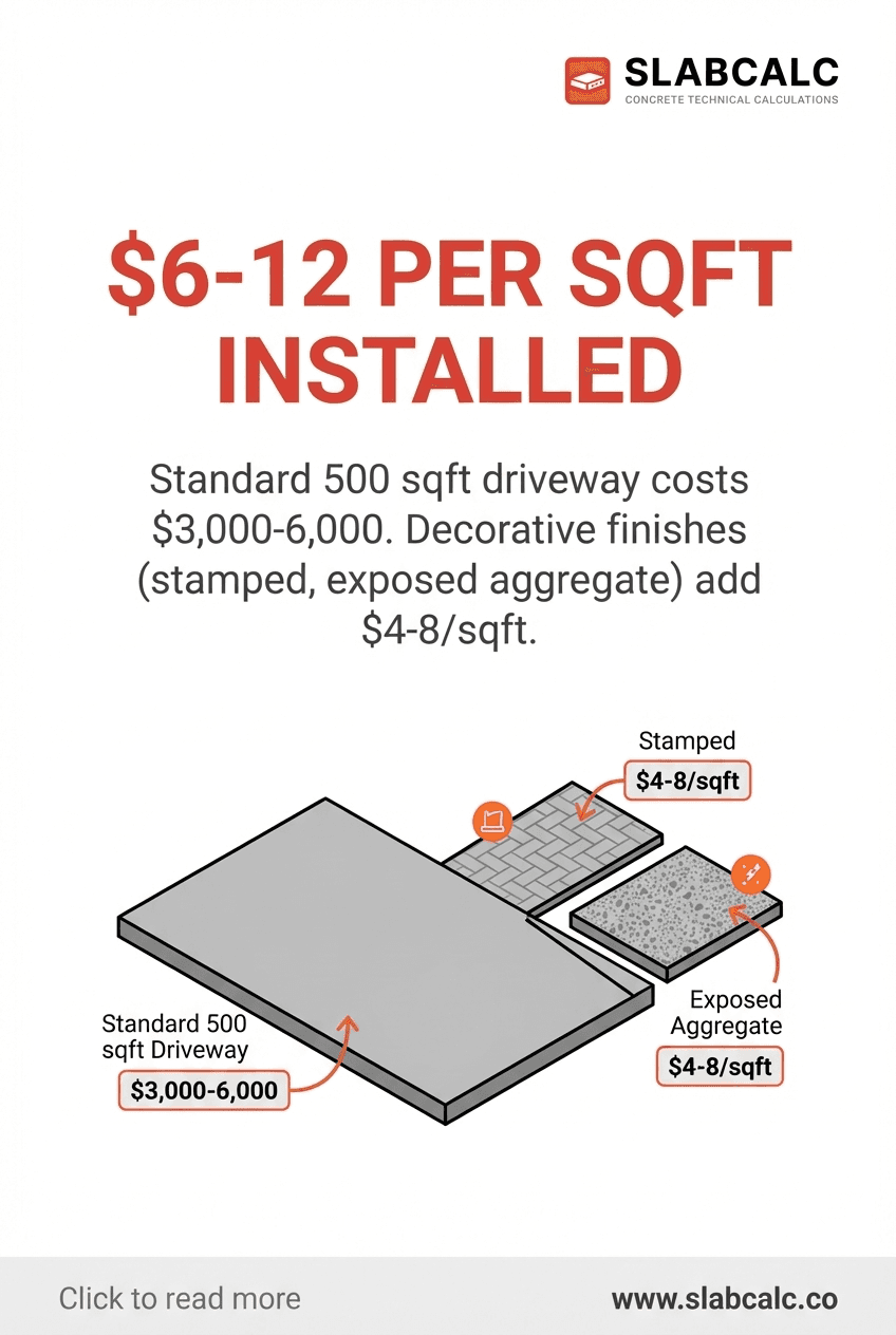 Cost breakdown chart showing $6-12 per square foot for installed concrete driveway with basic finish