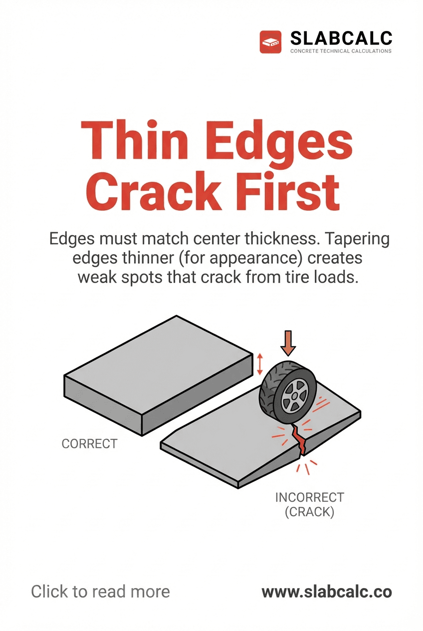 Cross-section diagram showing edge cracking in tapered concrete driveway versus uniform thickness slab