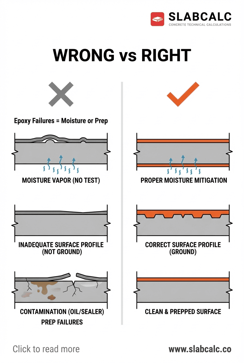 Decision tree diagram showing three epoxy failure paths: moisture vapor, inadequate surface profile, and contamination