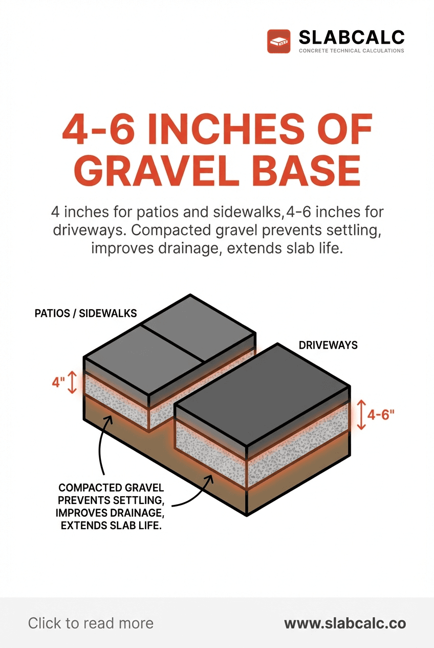 Cross-section diagram showing 4-6 inches of compacted gravel base under concrete slab with proper drainage