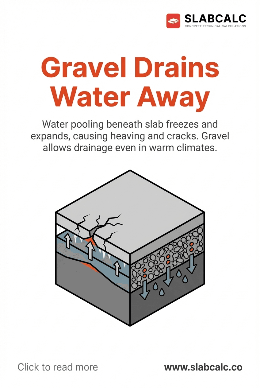 Cross-section diagram showing proper gravel base preventing water pooling under concrete slab