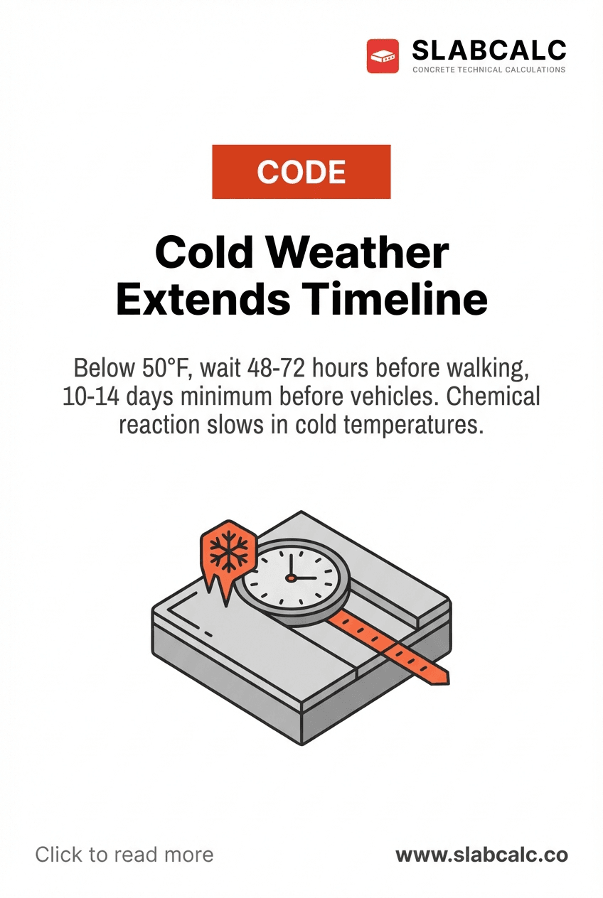 Thermometer showing cold temperature next to wet concrete slab with extended curing timeline graphic