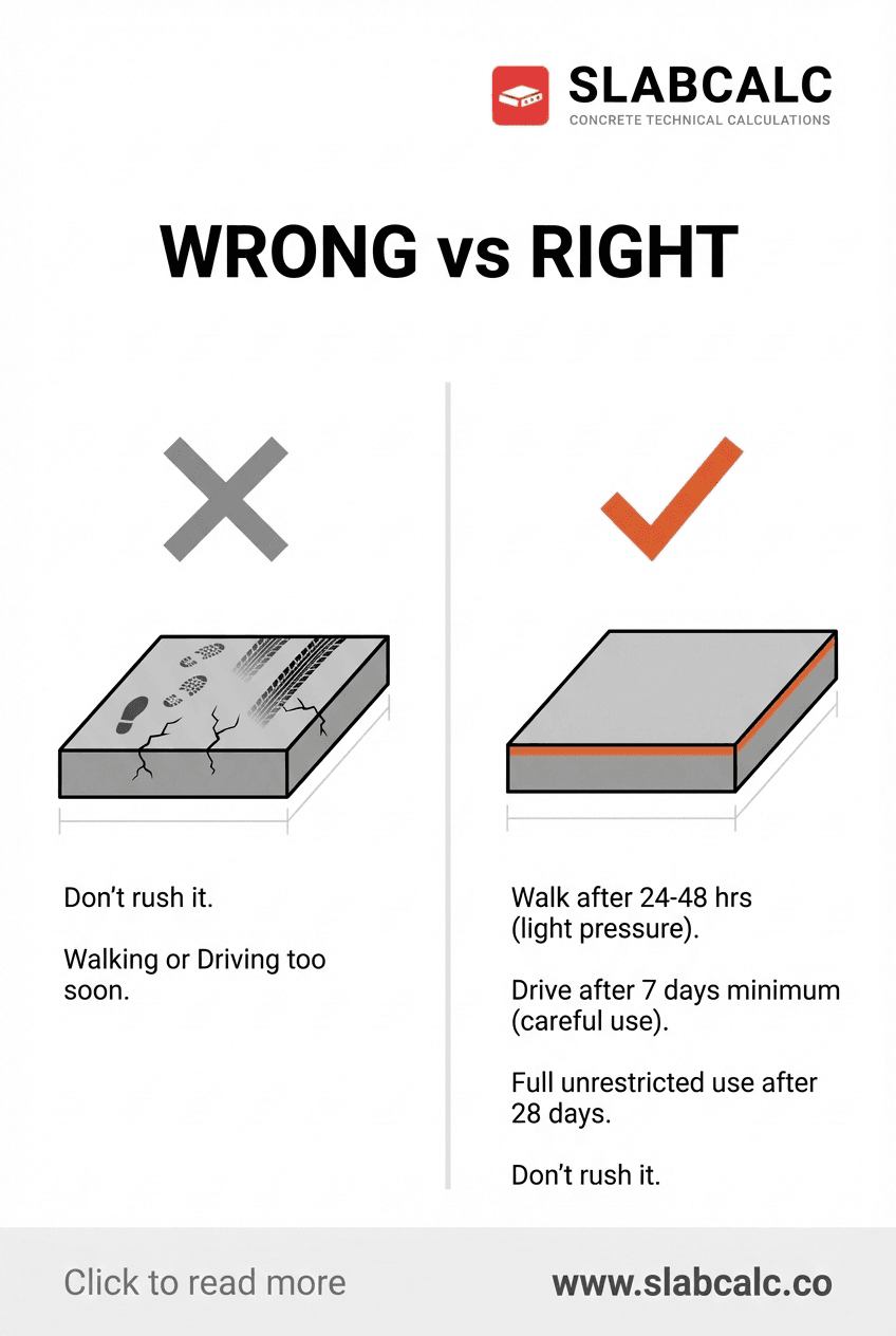 Timeline showing concrete curing stages from initial set through full strength at 28 days