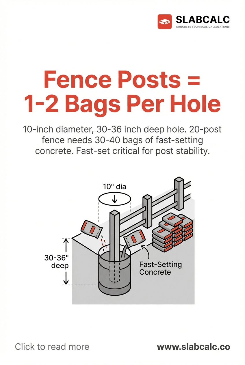 Diagram showing proper concrete depth in 10-inch fence post hole with 1-2 bag measurement