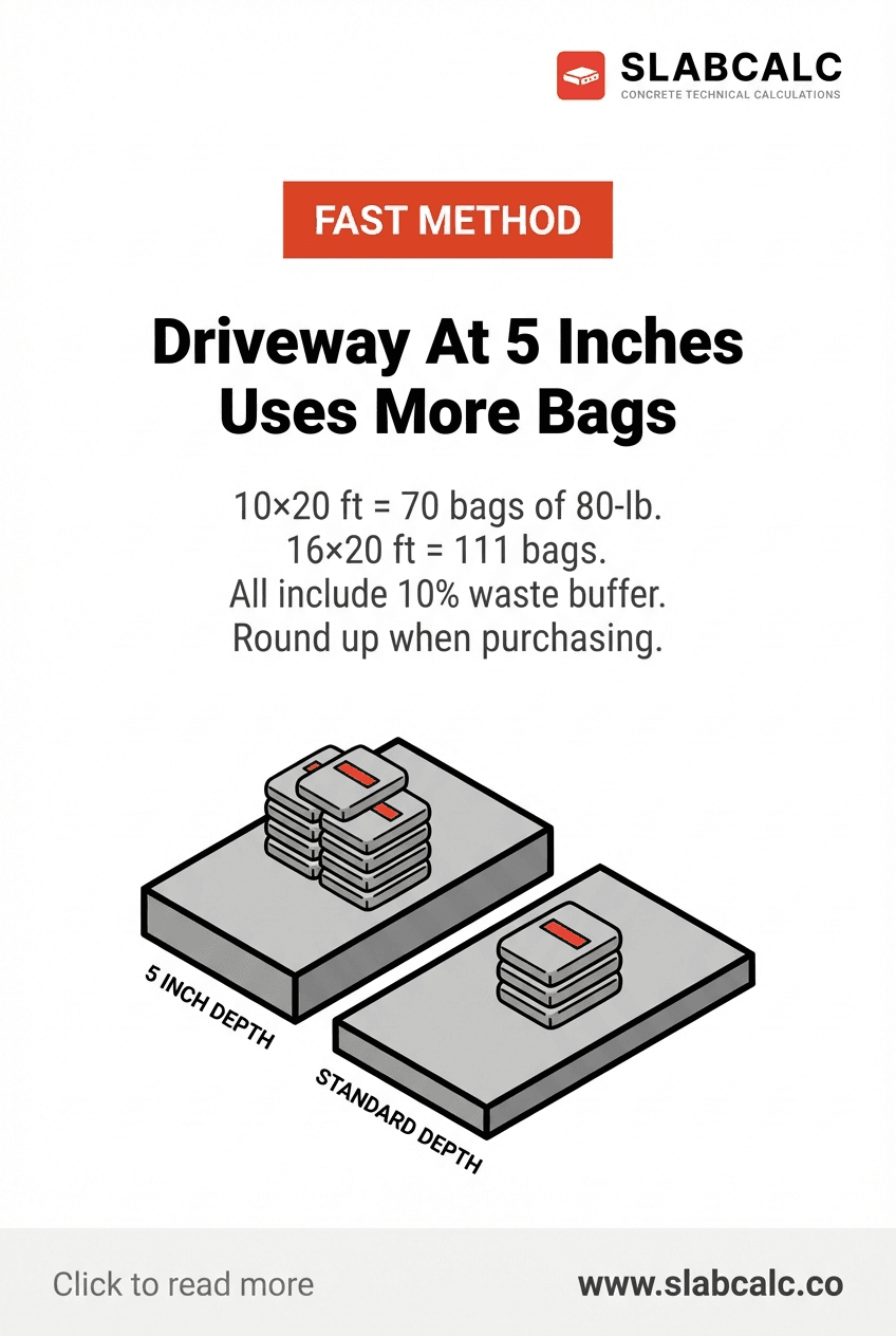Comparison chart showing concrete bag quantities for 4-inch vs 5-inch driveway thickness