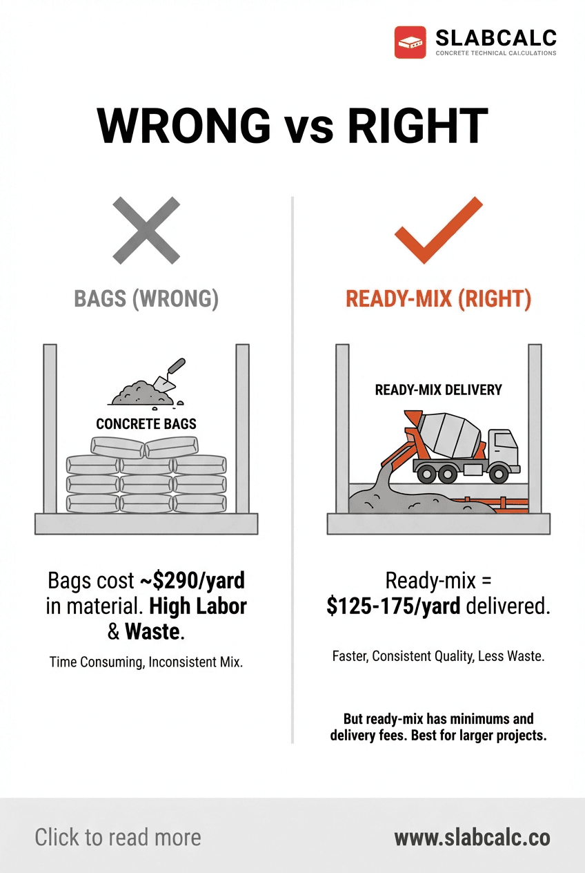 Cost comparison chart showing bagged concrete versus ready-mix concrete pricing curves intersecting at a crossover point