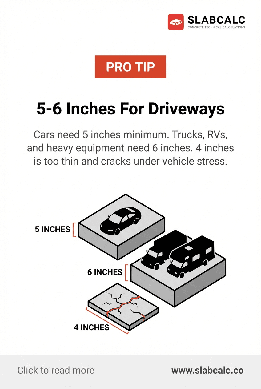 Cross-section diagram showing 5-6 inch concrete driveway thickness with reinforcement layers