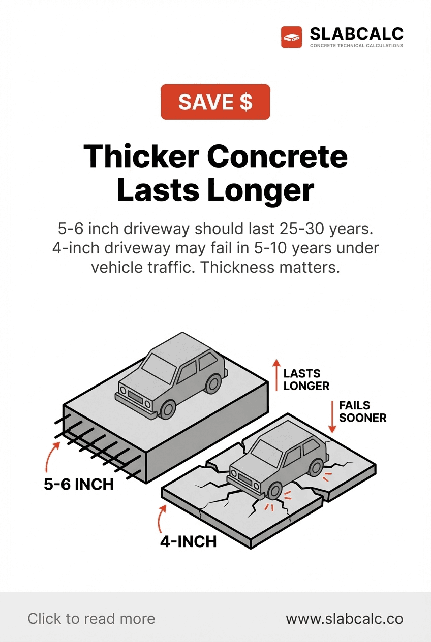 Cross-section comparison of 4-inch versus 6-inch concrete driveway thickness showing structural durability differences