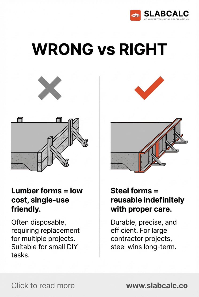 Side-by-side comparison of wooden form boards and steel form systems on a concrete project site