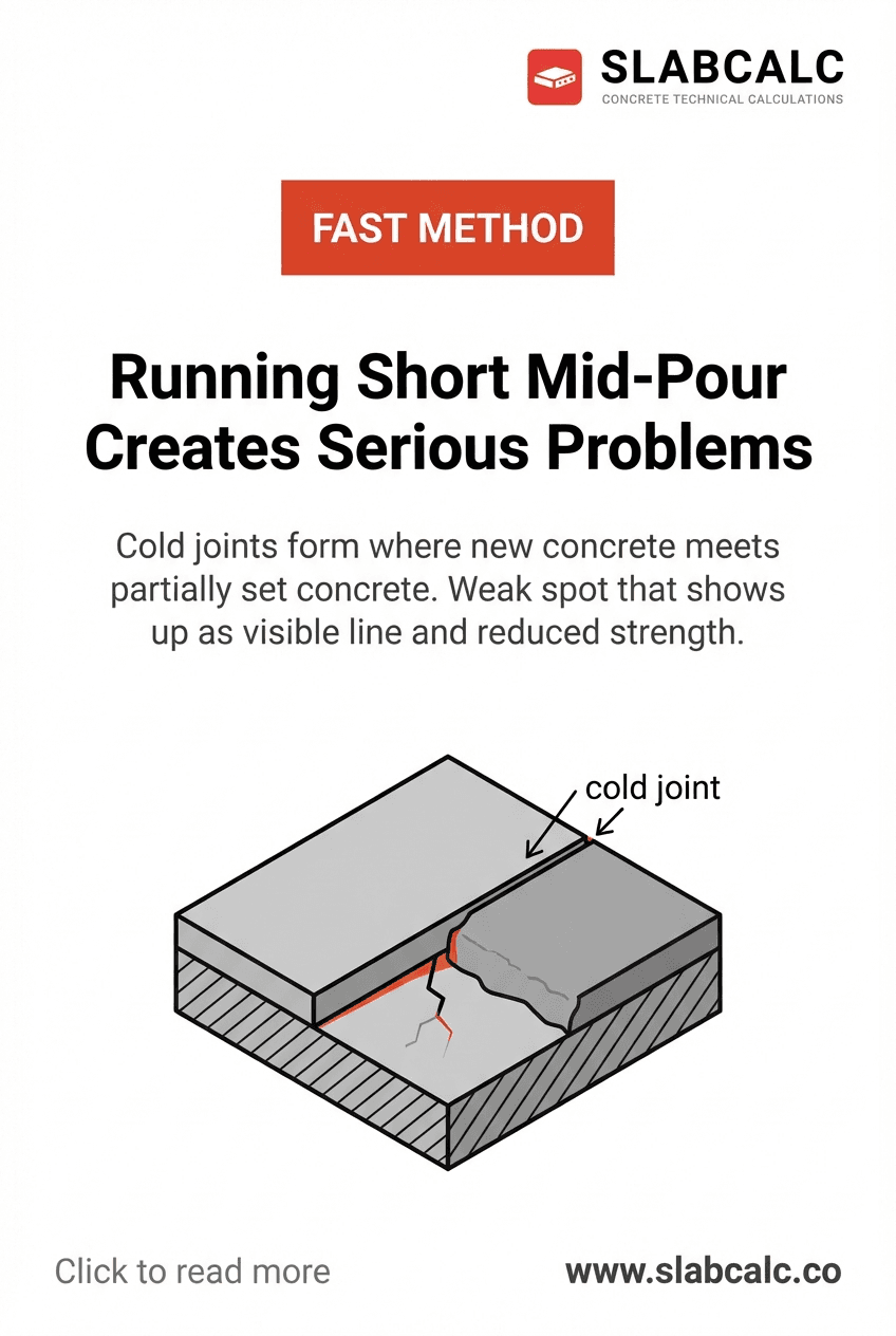 Comparison of proper concrete pour timing vs running short with visible cold joint damage