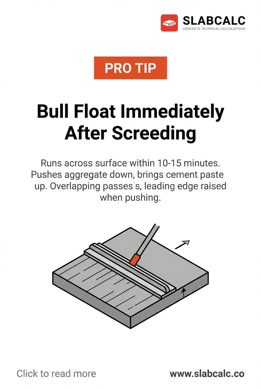 Concrete worker using a bull float with raised leading edge to smooth fresh concrete slab