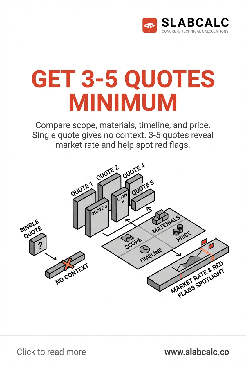 Three comparison documents showing different concrete contractor quotes with price, timeline, and scope details highlighted