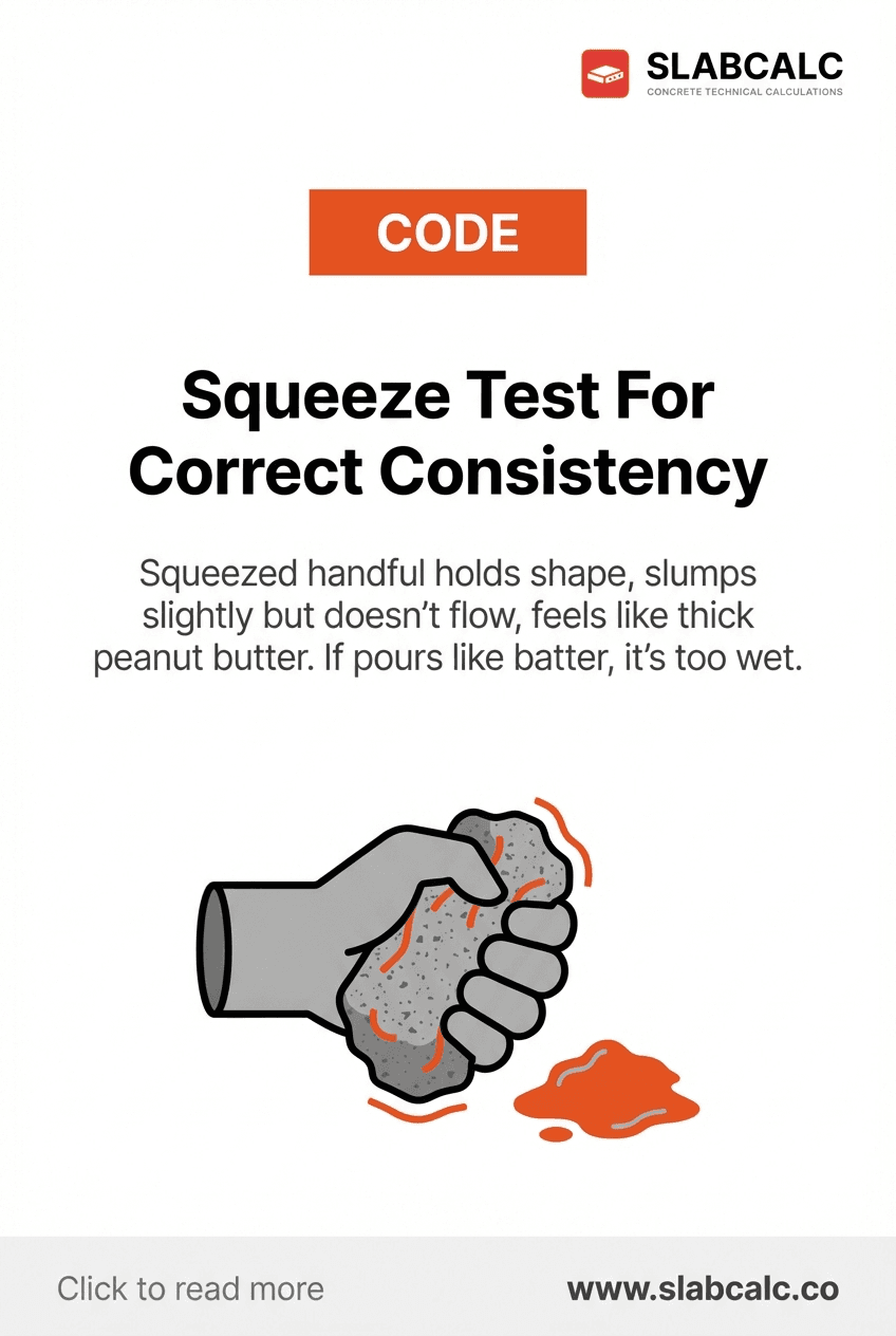Hand performing squeeze test on freshly mixed concrete to check consistency