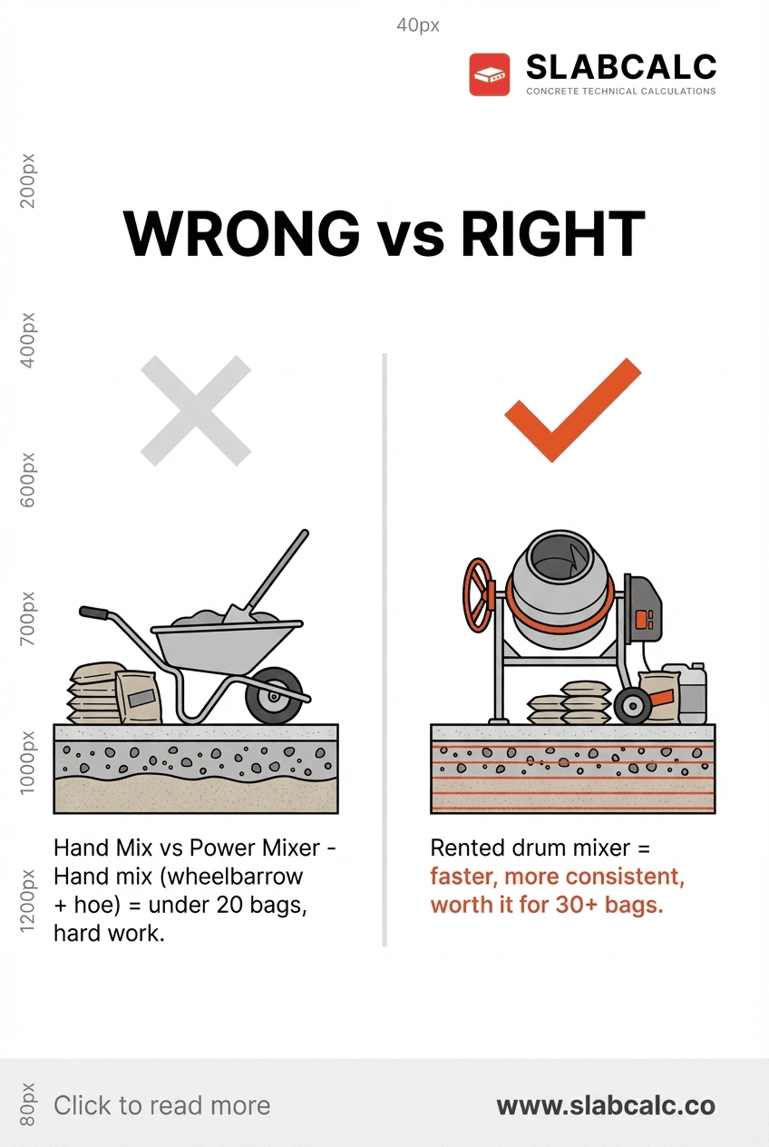 Side-by-side comparison of hand mixing concrete in a wheelbarrow versus operating a rented drum mixer