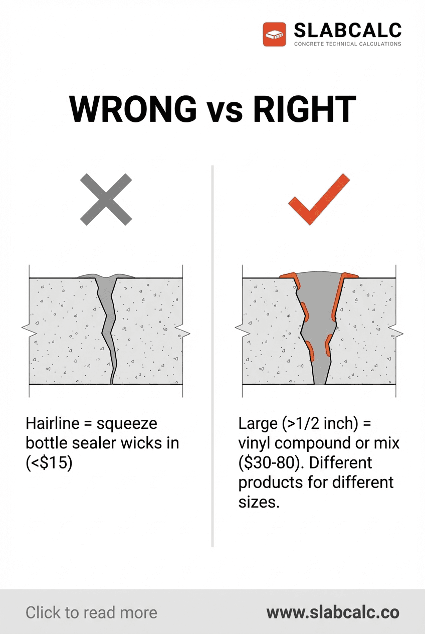 Decision tree showing crack width measurements and recommended repair products
