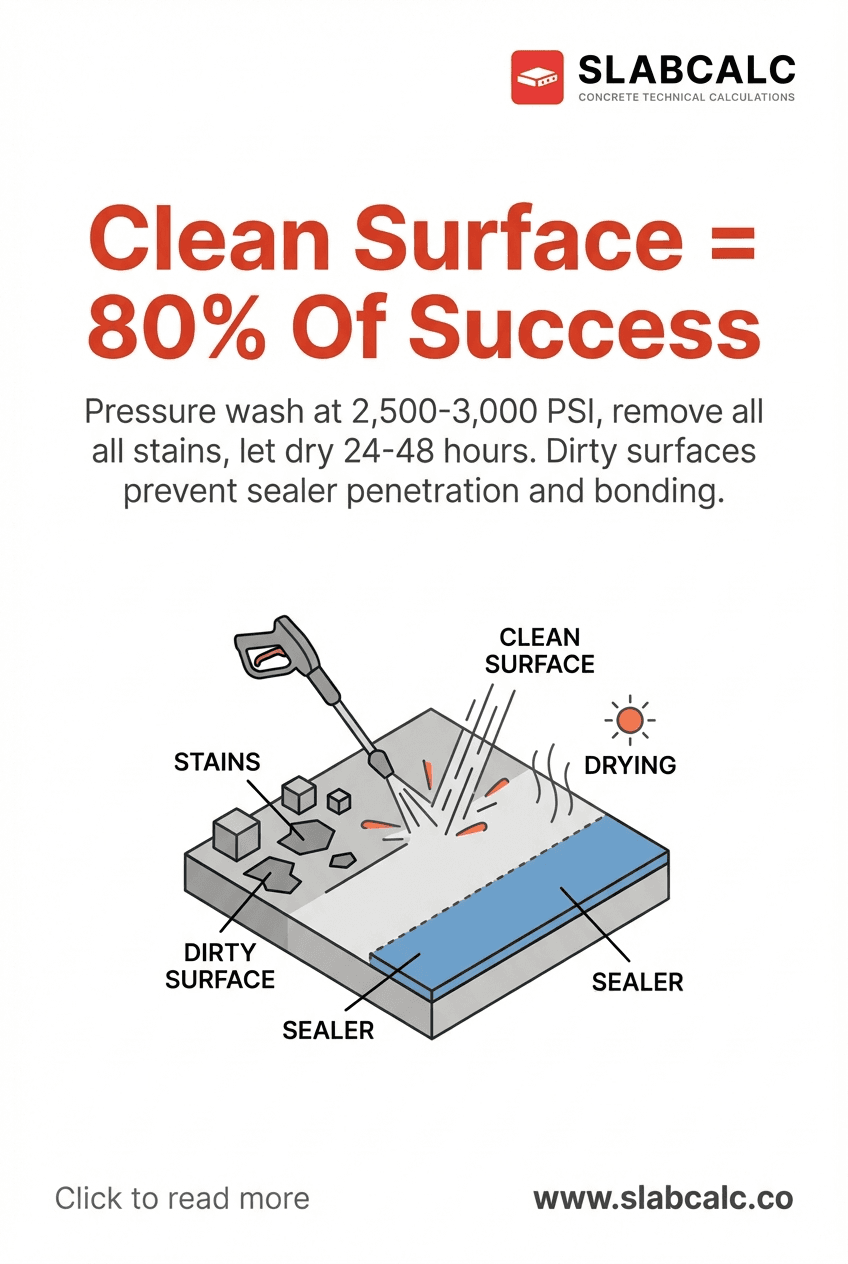 Before and after pressure washing concrete surface showing dirt removal and sealer readiness