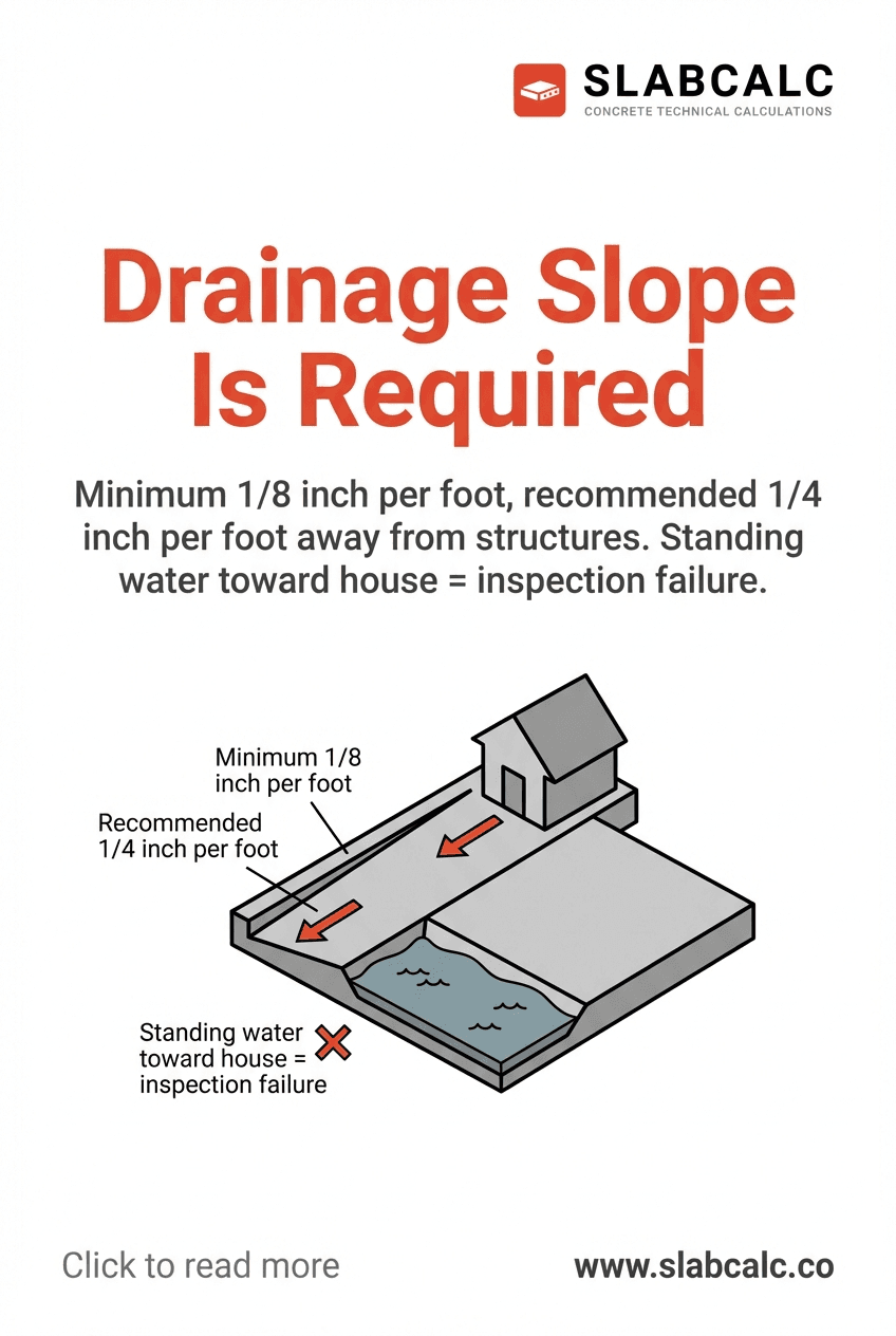 Cross-section diagram showing proper drainage slope away from house foundation with standing water highlighted as failure condition