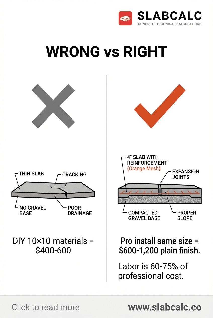 Side-by-side comparison of DIY patio materials versus professional concrete installation costs