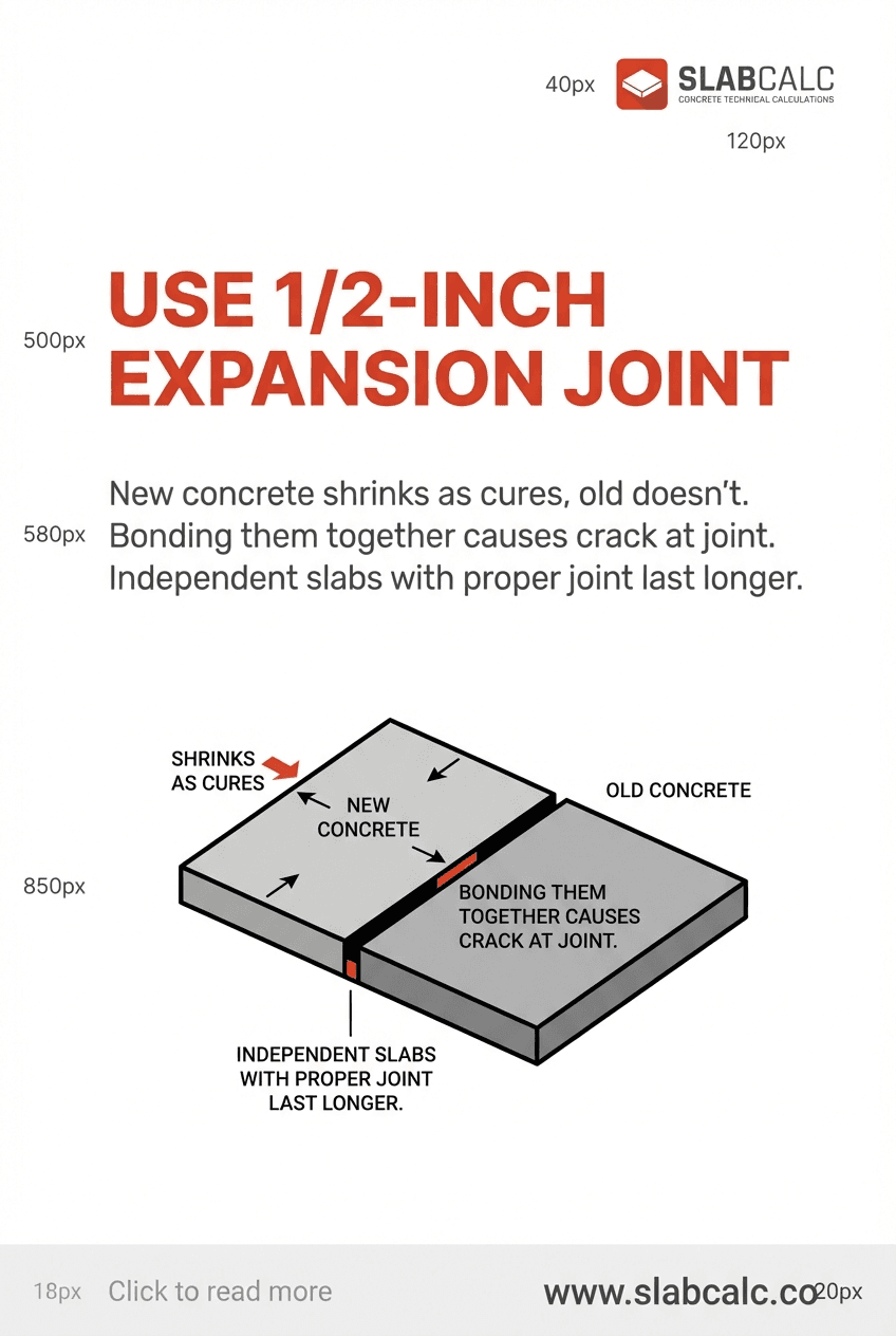 Cross-section diagram showing 1/2-inch expansion joint material between new and existing concrete slabs
