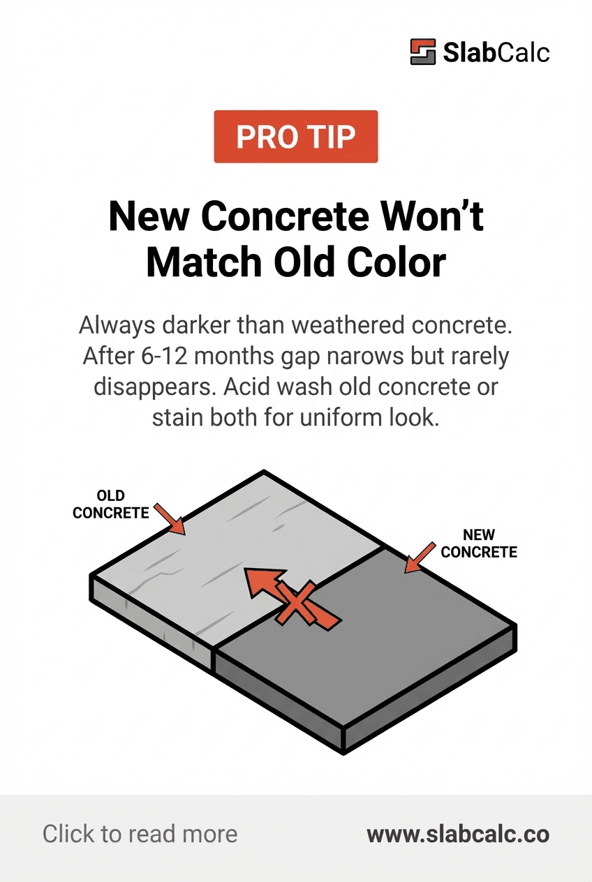 Side-by-side comparison of fresh dark concrete next to weathered gray concrete slab